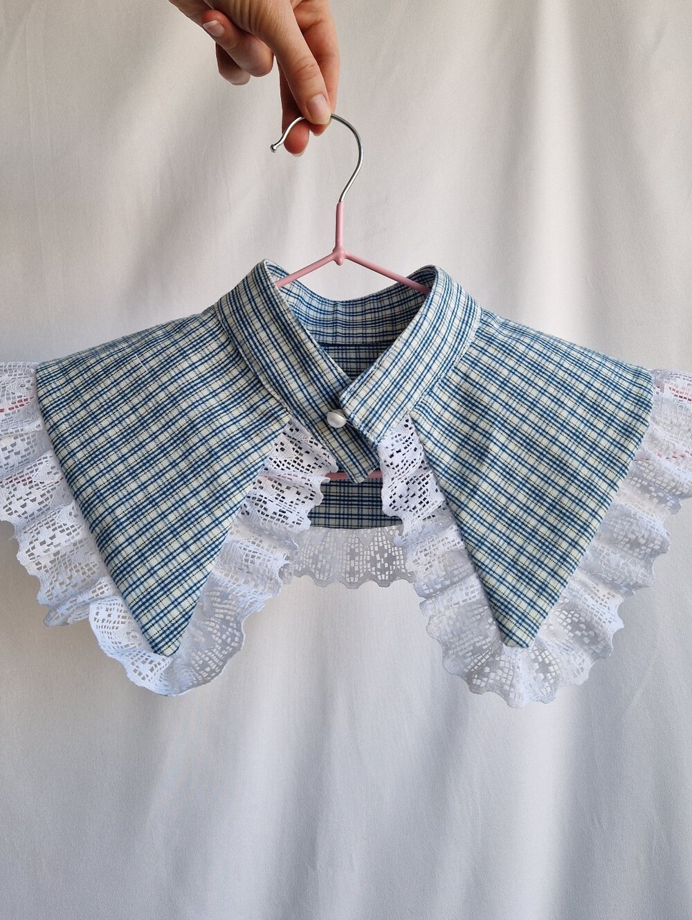 Plaid Blue Detachable Collar with White Lace Trim